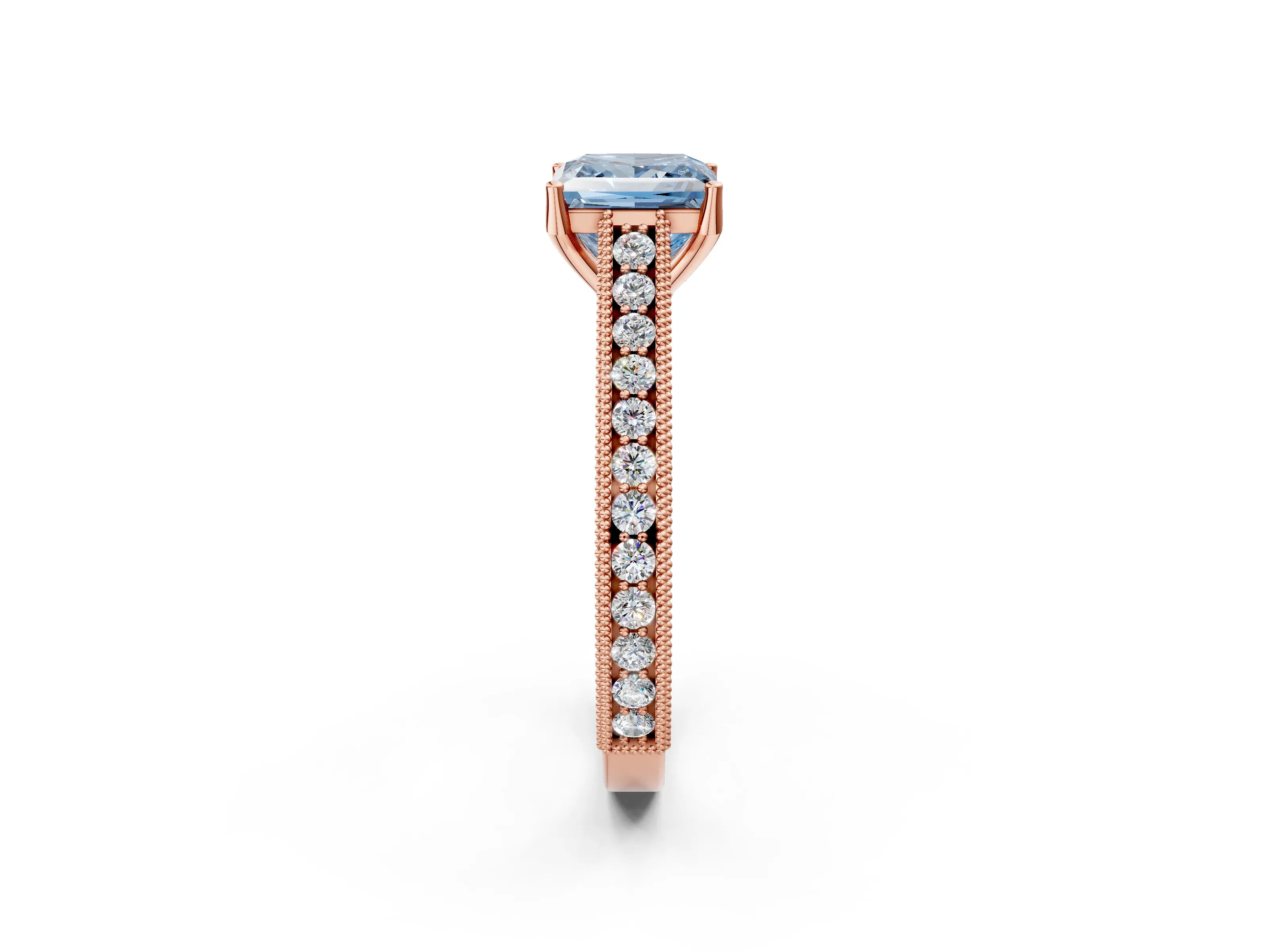 Rose gold Fancy Blue Princess Cut Cut Pave Band Milgrain Solitaire Ring_2