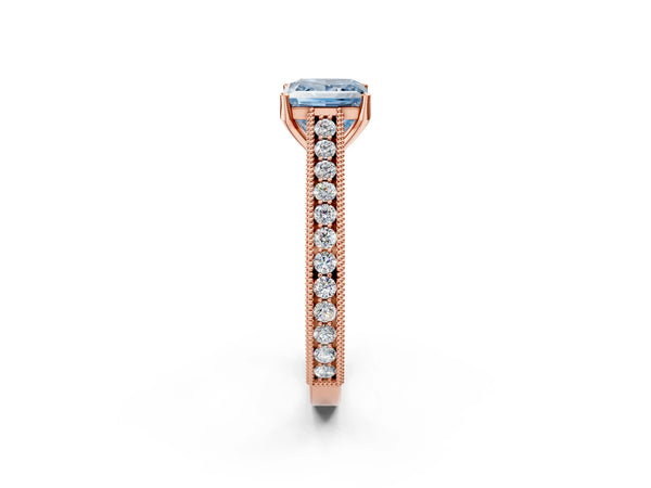 Rose gold Fancy Blue Princess Cut Cut Pave Band Milgrain Solitaire Ring