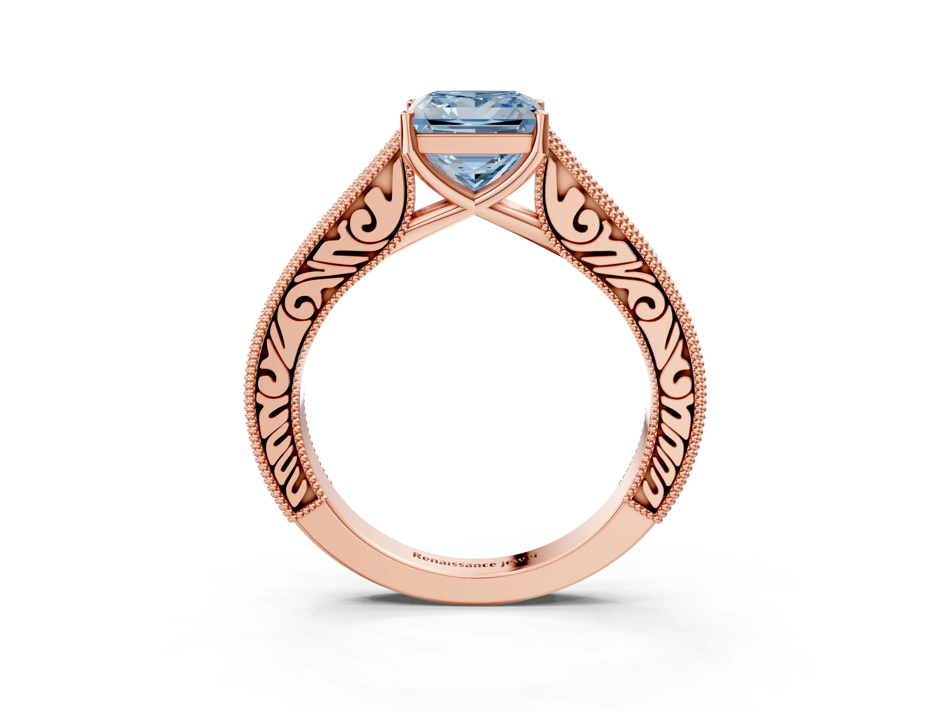 Rose gold Fancy Blue Princess Cut Cut Pave Band Milgrain Solitaire Ring_3