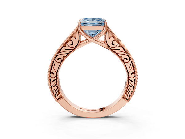 Rose gold Fancy Blue Princess Cut Cut Pave Band Milgrain Solitaire Ring