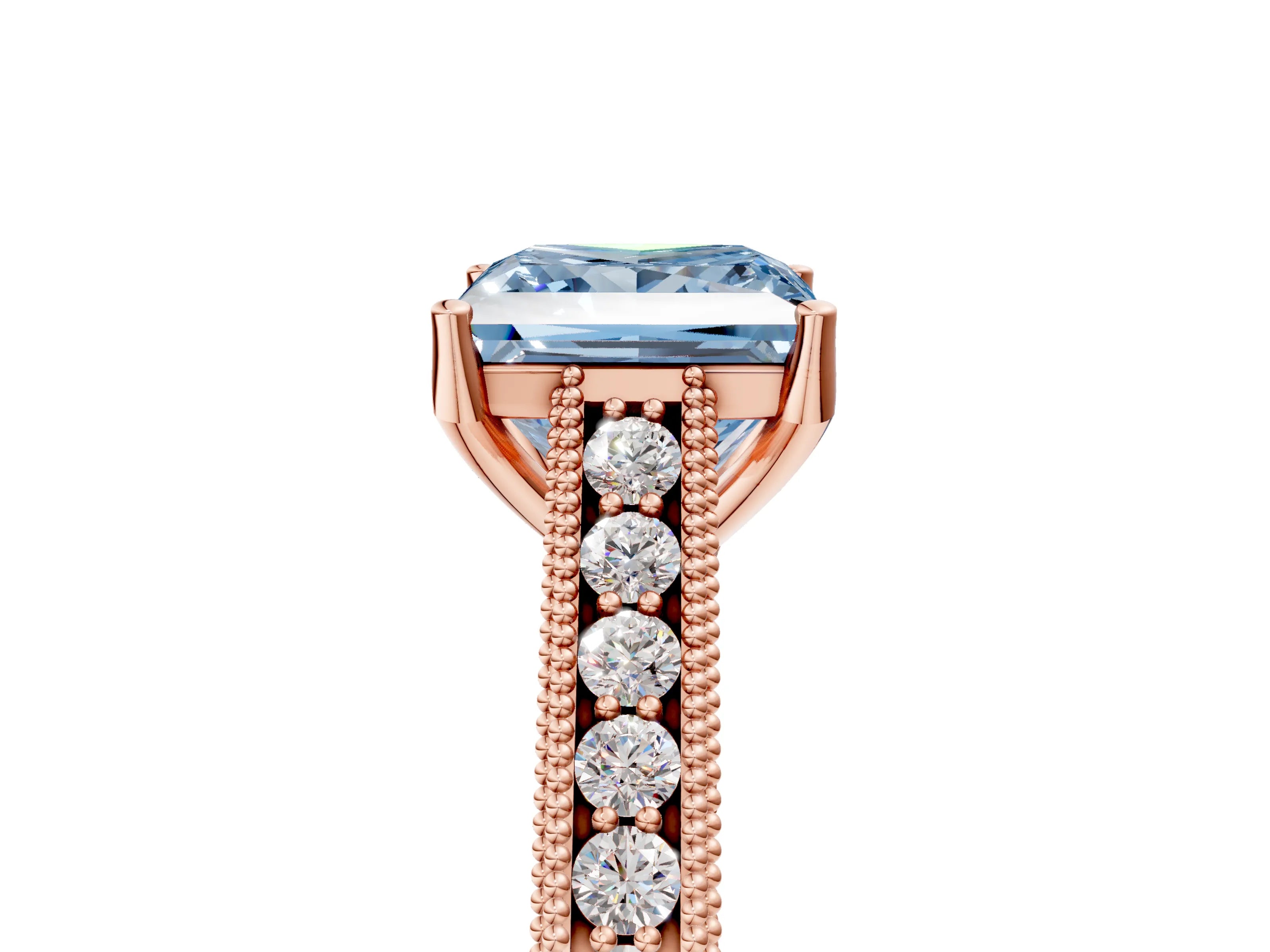 Rose gold Fancy Blue Princess Cut Cut Pave Band Milgrain Solitaire Ring_5