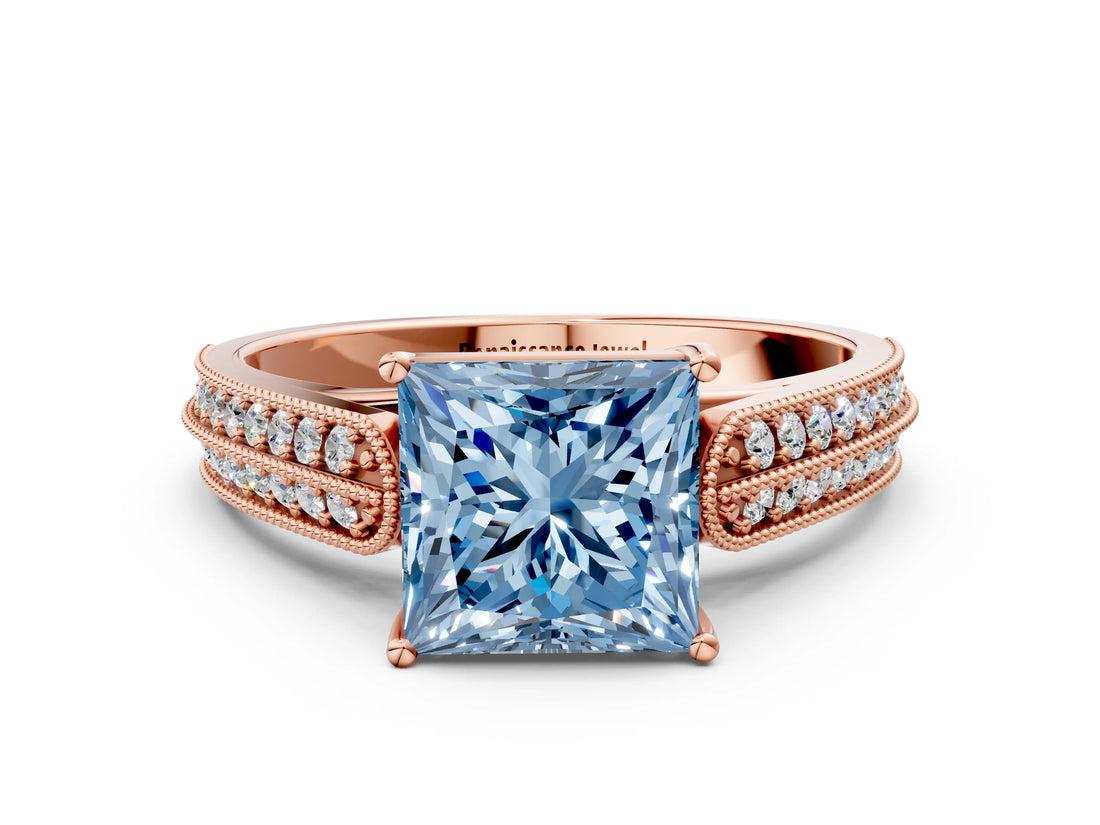 Rose gold Fancy Blue Princess Cut Cut Pave Split Shank Engagement Ring with Four-Prong Setting