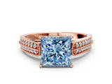 Rose gold Fancy Blue Princess Cut Cut Pave Split Shank Engagement Ring with Four-Prong Setting