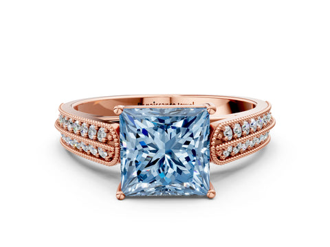 Rose gold Fancy Blue Princess Cut Cut Pave Split Shank Engagement Ring with Four-Prong Setting