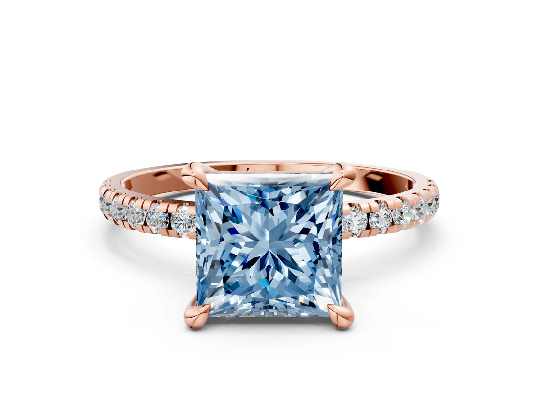 Rose gold Fancy Blue Princess Cut Diamond Brilliant Solitaire Ring with Pavé Band and Four-Prong Setting_24