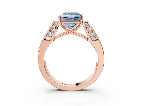 Rose Gold Princess Cut Channel Set Engagement Ring Setting for Fancy Blue Center with Wide Band
