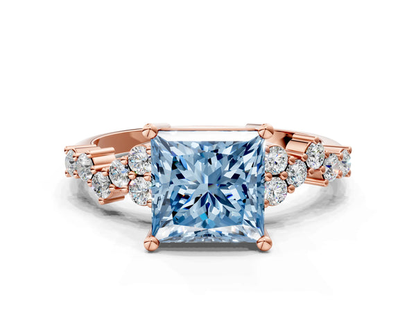 Rose gold Fancy Blue Princess Cut Diamond Cluster Pavé Band with Four-Prong Setting