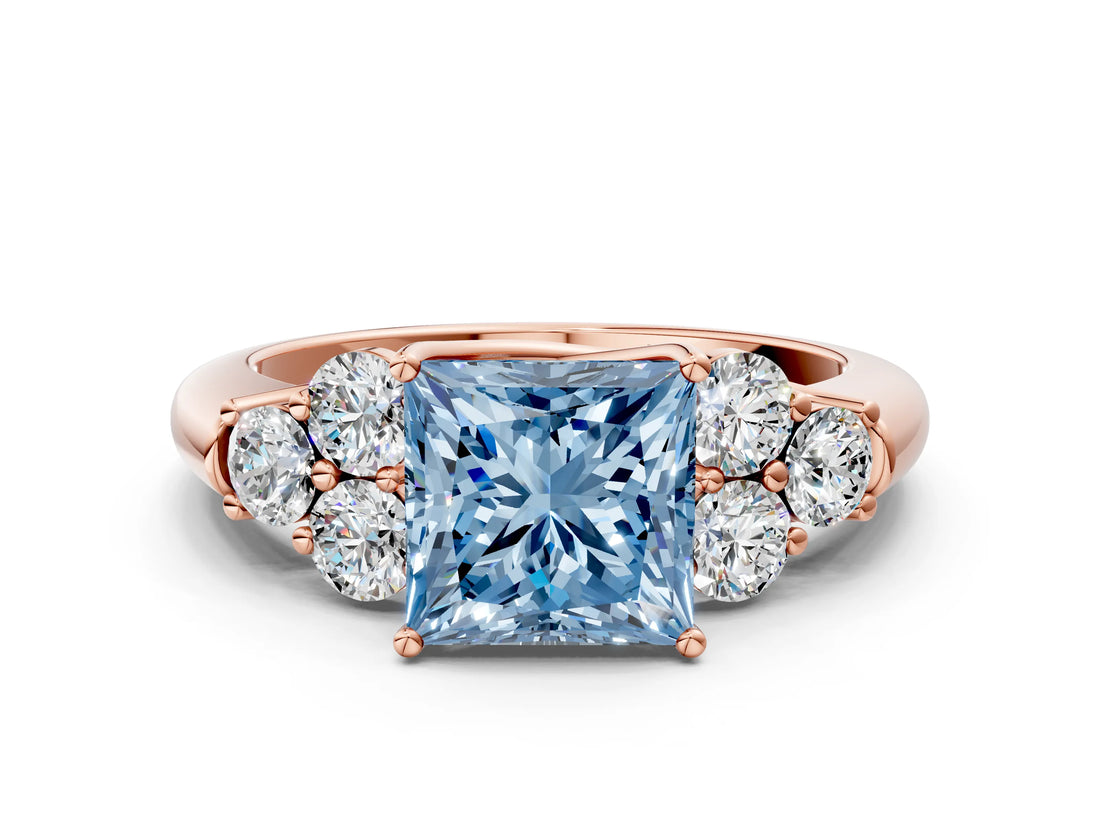 Rose gold Fancy Blue Princess  Cut Diamond Cluster Ring with Round Accent Stones and Prong Setting on a Classic Band_49