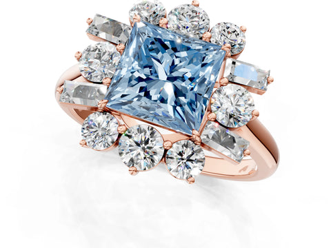 Rose gold Fancy Blue Princess Cut Diamond Cluster Ring with Round and Baguette Stones, Split Shank Band, Prong Setting_1