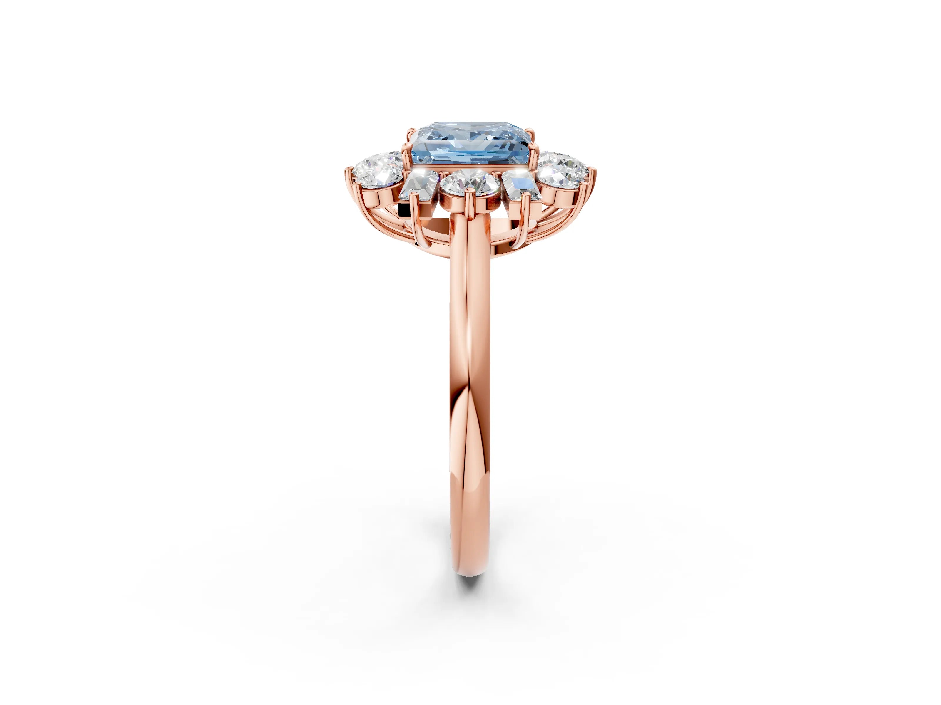 Rose gold Fancy Blue Princess Cut Diamond Cluster Ring with Round and Baguette Stones, Split Shank Band, Prong Setting_2