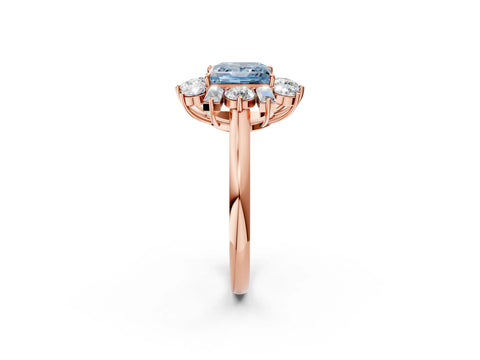 Rose gold Fancy Blue Princess Cut Diamond Cluster Ring with Round and Baguette Stones, Split Shank Band, Prong Setting_2