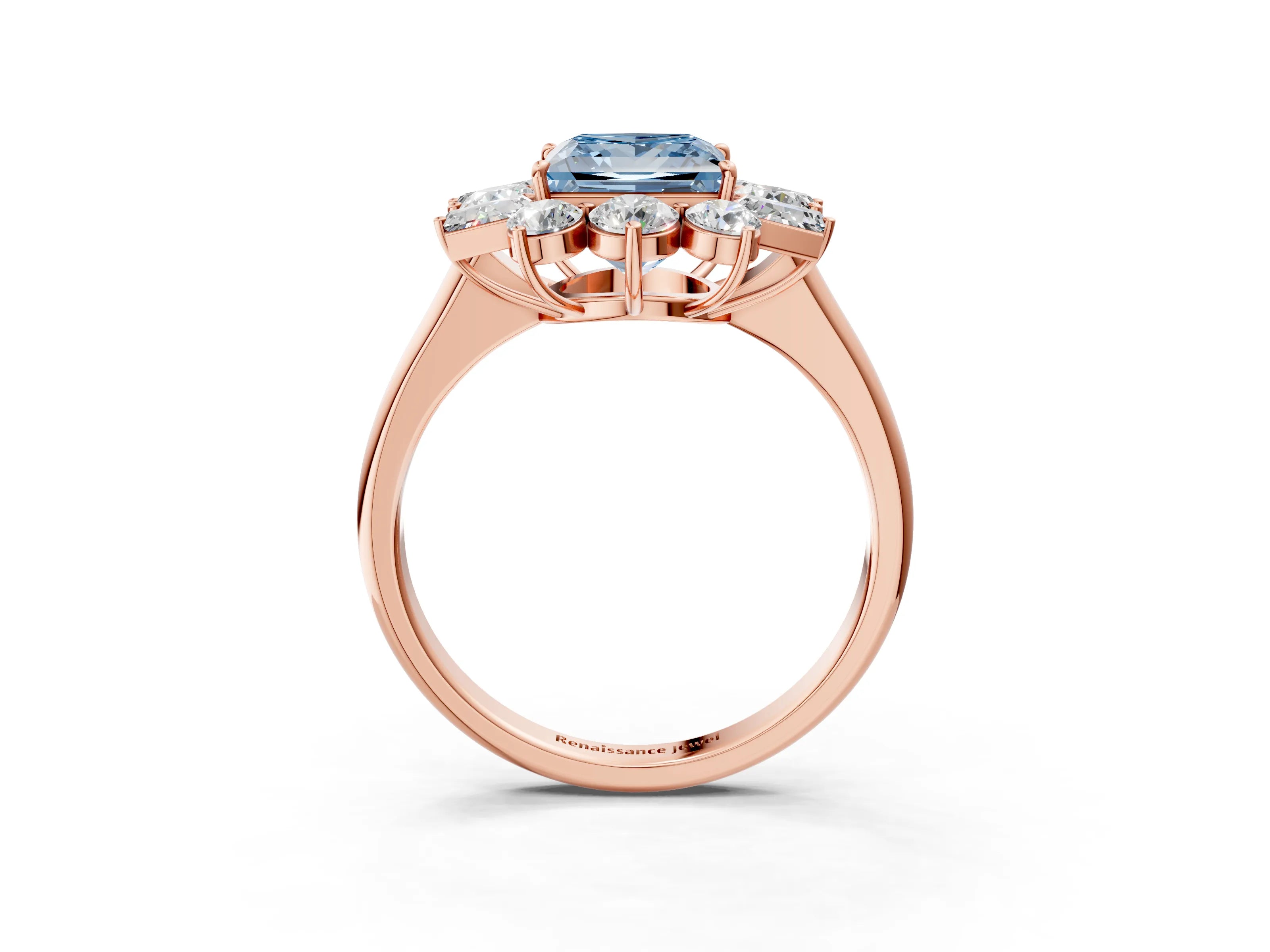 Rose gold Fancy Blue Princess Cut Diamond Cluster Ring with Round and Baguette Stones, Split Shank Band, Prong Setting_3