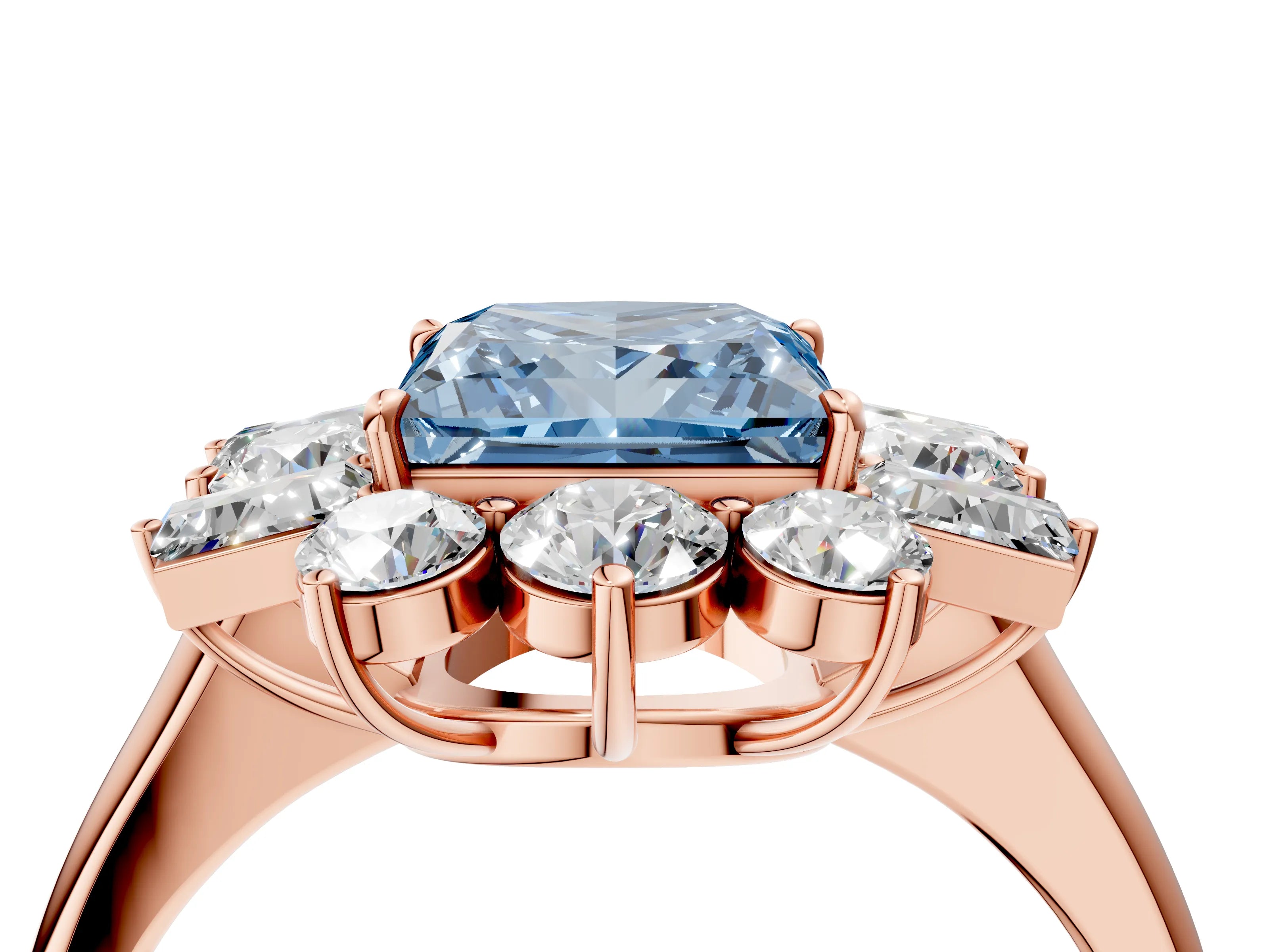 Rose gold Fancy Blue Princess Cut Diamond Cluster Ring with Round and Baguette Stones, Split Shank Band, Prong Setting_4