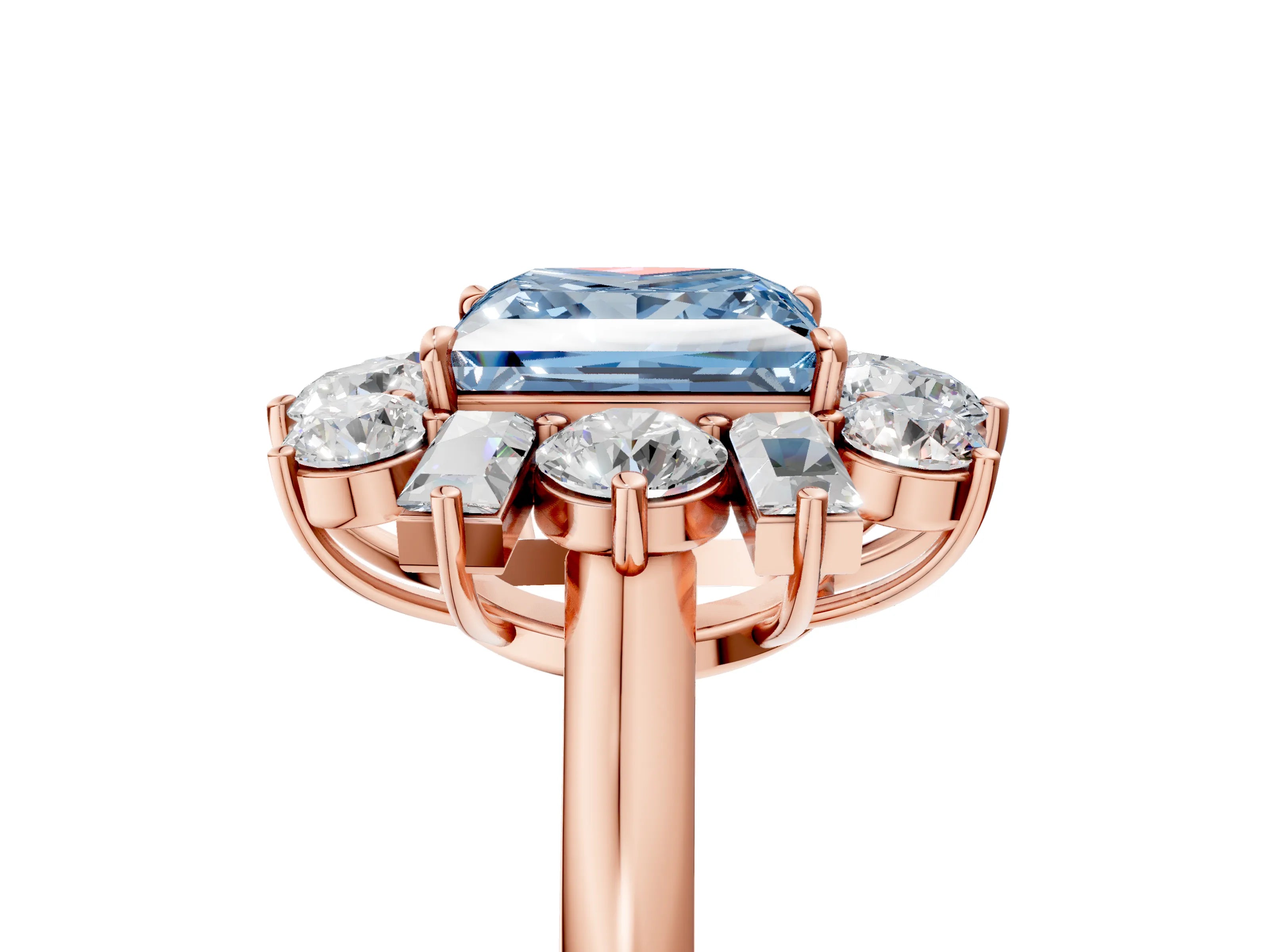 Rose gold Fancy Blue Princess Cut Diamond Cluster Ring with Round and Baguette Stones, Split Shank Band, Prong Setting_5