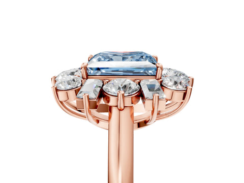 Rose gold Fancy Blue Princess Cut Diamond Cluster Ring with Round and Baguette Stones, Split Shank Band, Prong Setting_5