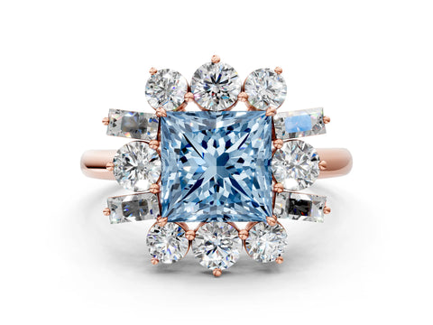 Rose gold Fancy Blue Princess Cut Diamond Cluster Ring with Round and Baguette Stones, Split Shank Band, Prong Setting