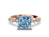 Rose gold Fancy Blue Princess Cut Diamond Cluster Side Stone Solitaire Ring with Prong Setting_53