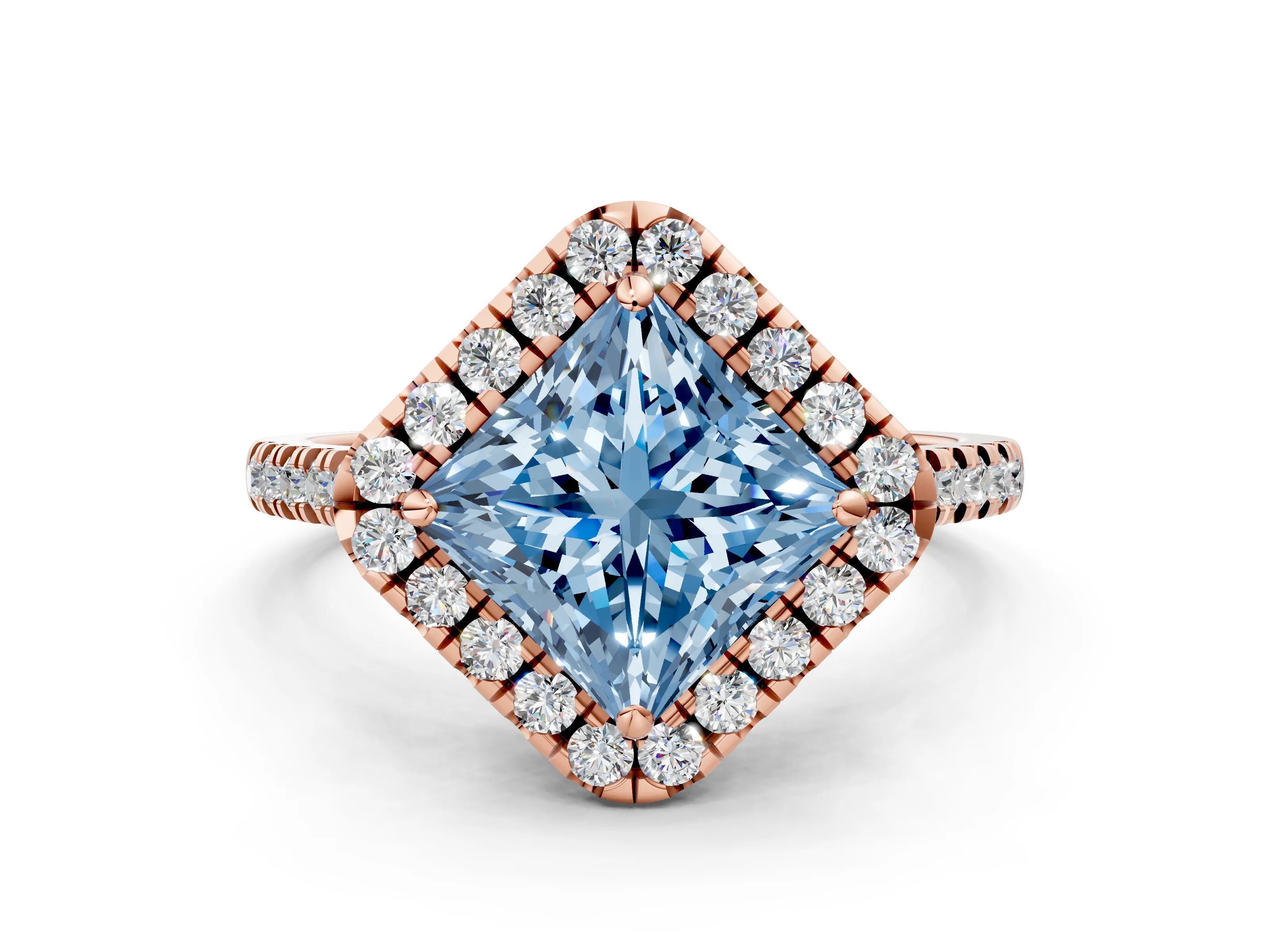 Rose gold Fancy Blue Princess Cut Diamond Cushion Halo Ring with Pavé Band