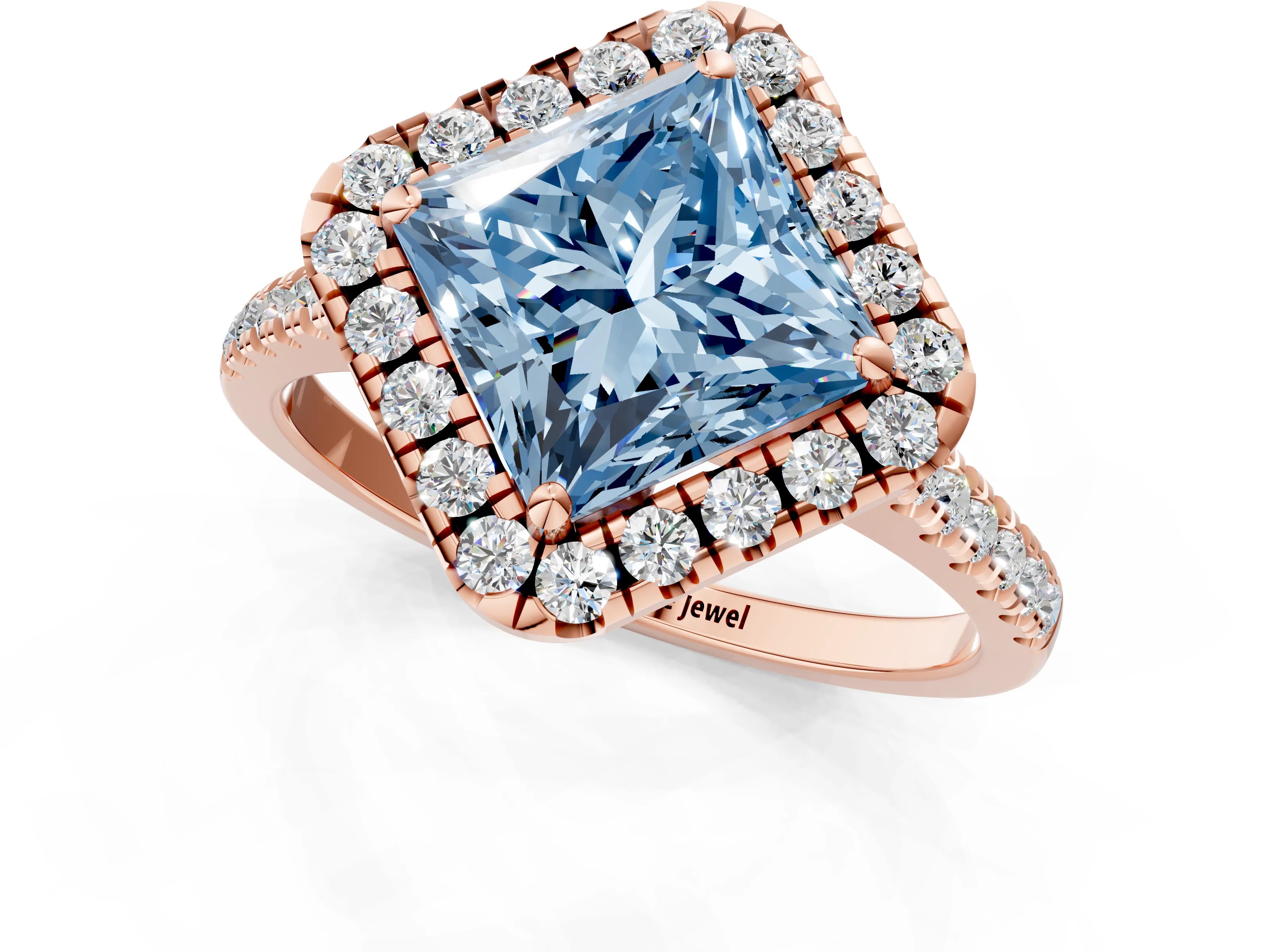 Rose gold Fancy Blue Princess Cut Diamond Cushion Halo Ring with Pavé Band_1