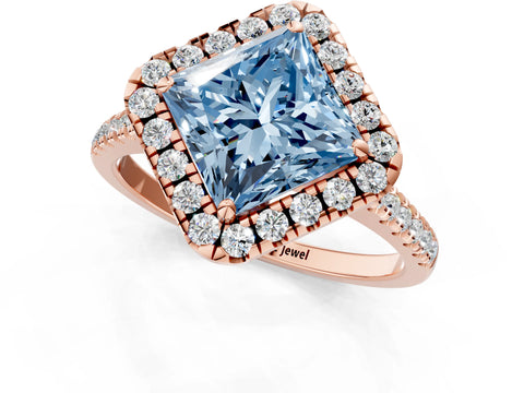 Rose gold Fancy Blue Princess Cut Diamond Cushion Halo Ring with Pavé Band_1