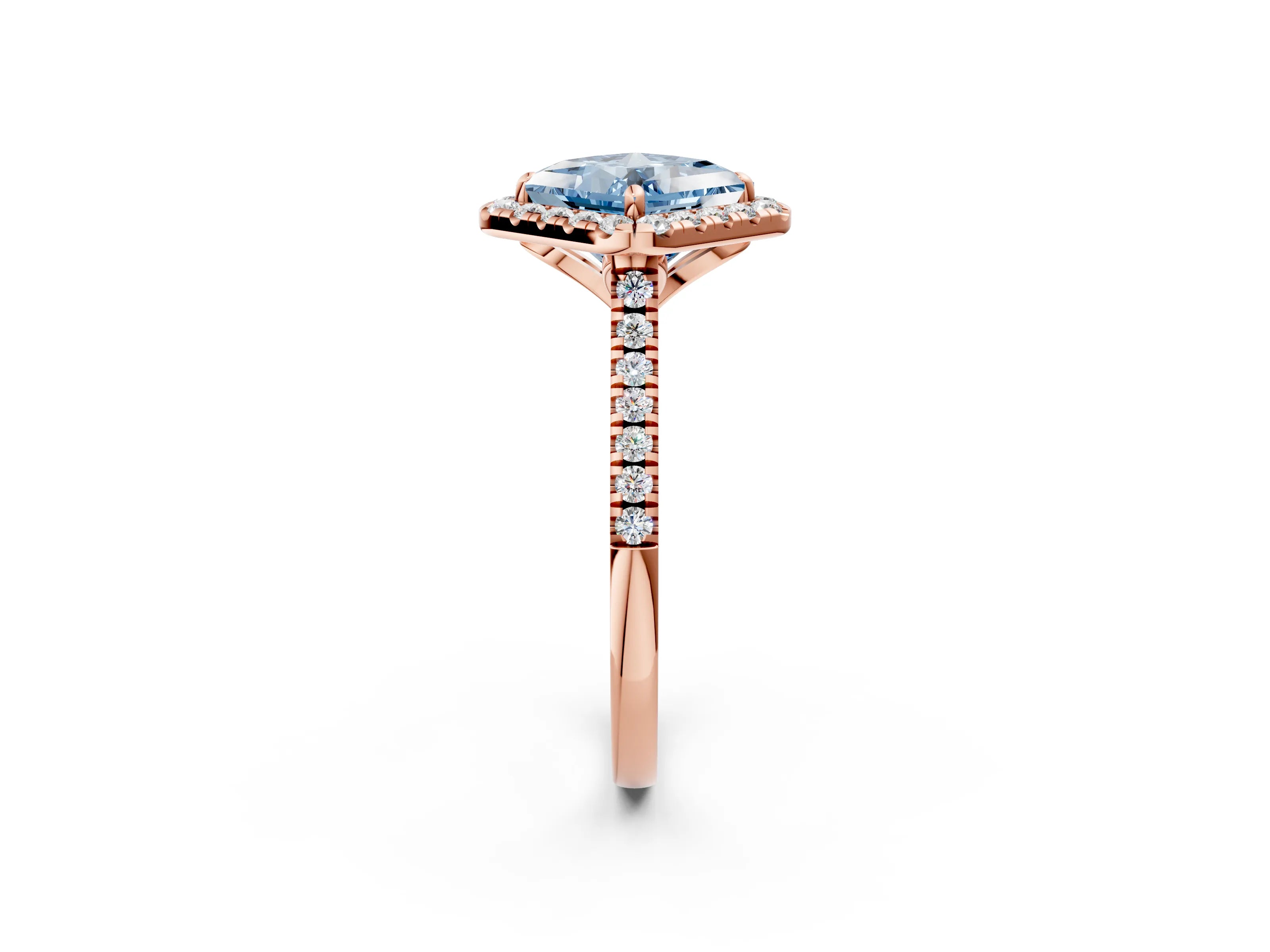 Rose gold Fancy Blue Princess Cut Diamond Cushion Halo Ring with Pavé Band_2
