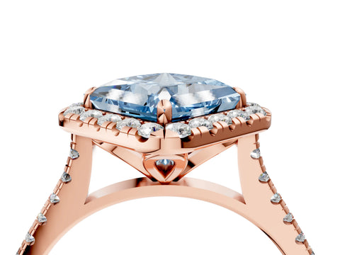 Rose gold Fancy Blue Princess Cut Diamond Cushion Halo Ring with Pavé Band_4