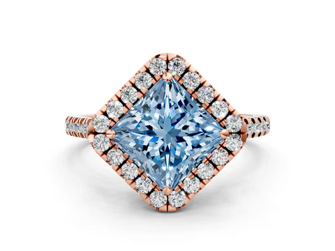 Rose gold Fancy Blue Princess Cut Diamond Cushion Halo Ring with Pavé Band