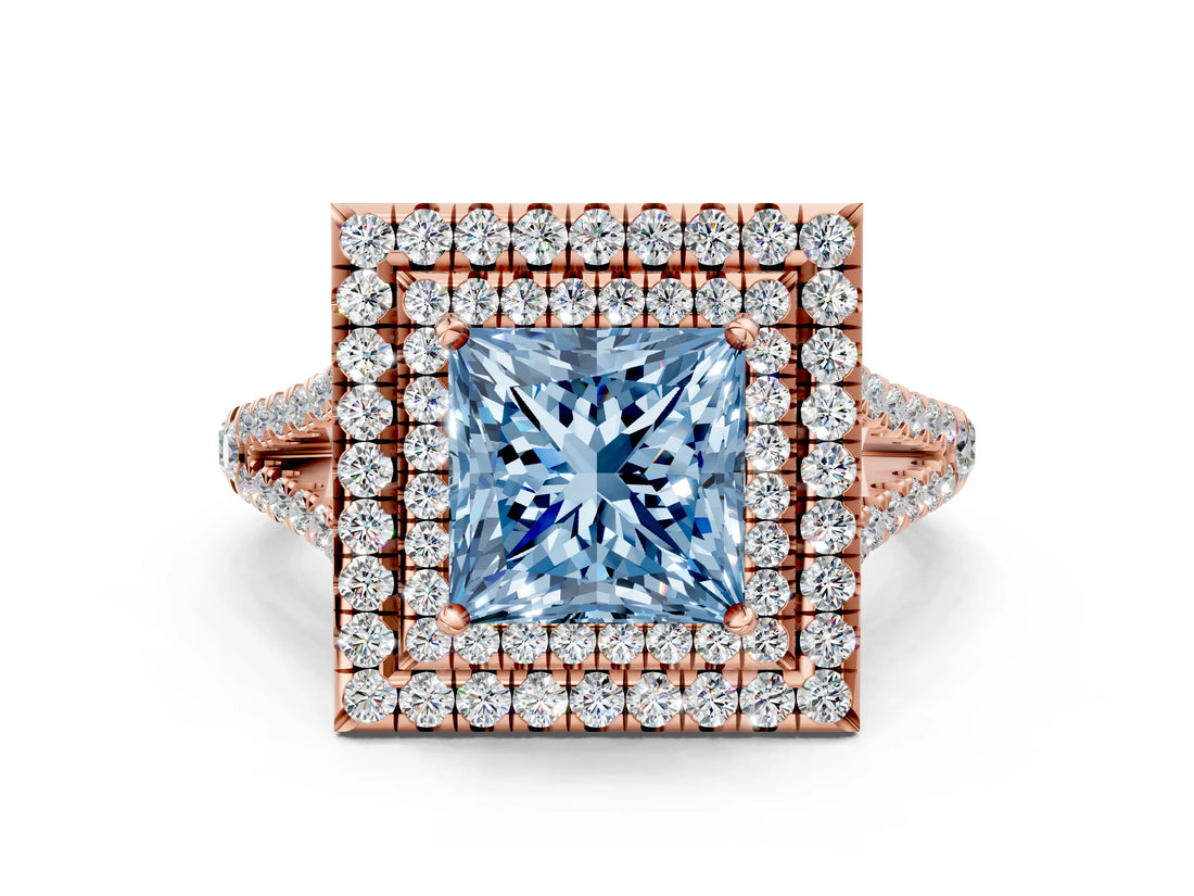 Rose gold Fancy Blue Princess Cut Diamond Double Halo Ring with Pavé Band and Prong Setting_73