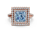 Rose gold Fancy Blue Princess Cut Diamond Double Halo Ring with Pavé Band and Prong Setting_73