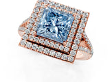 Rose gold Fancy Blue Princess Cut Diamond Double Halo Ring with Pavé Band and Prong Setting_74