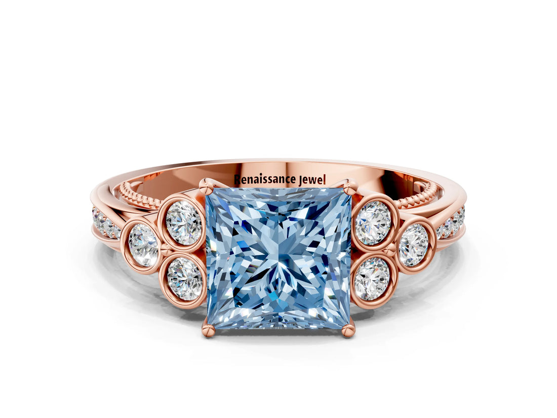 Rose gold Fancy Blue Princess  Cut Diamond Engagement Ring with Bezel Set Round Side Stones and Prong Setting_102