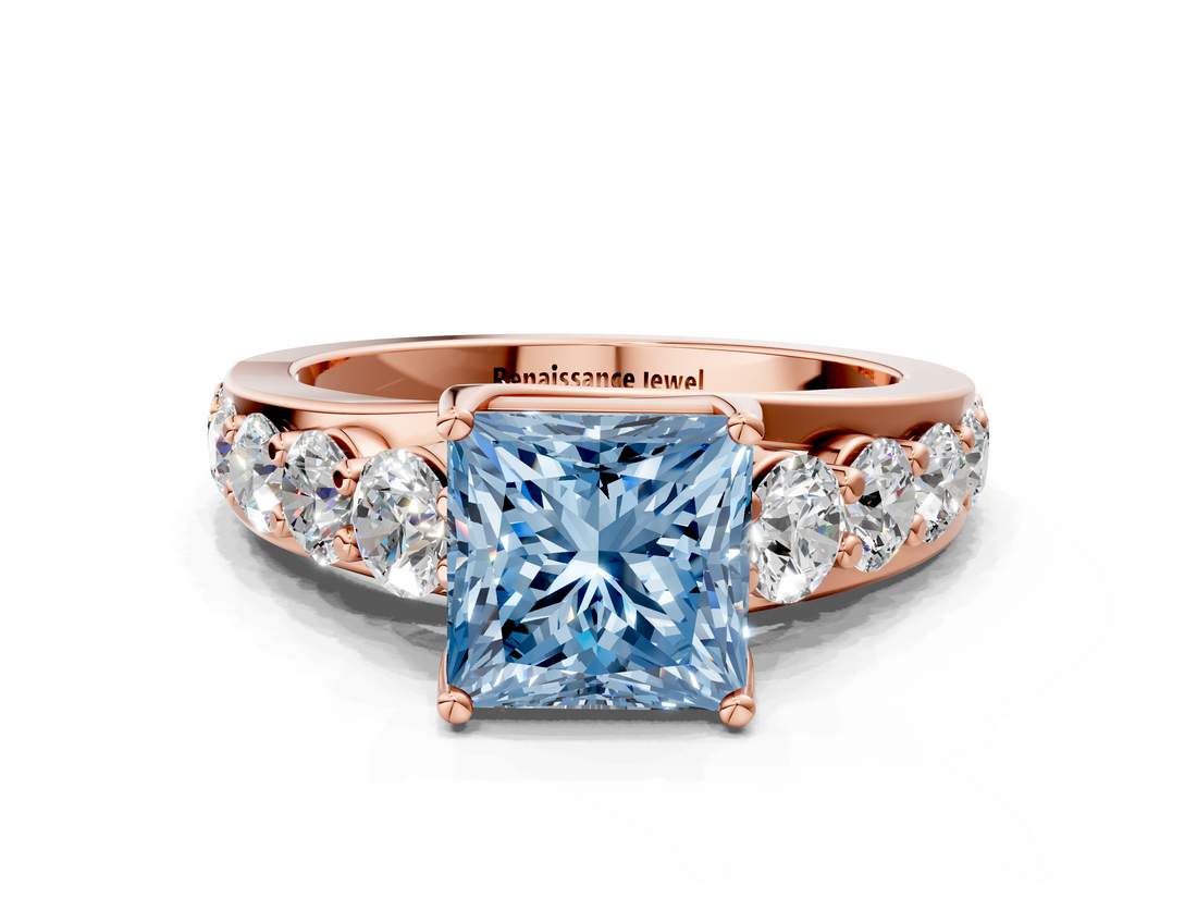 Rose gold Fancy Blue Princess  Cut Diamond Engagement Ring with Pavé Band and Four-Prong Setting_3