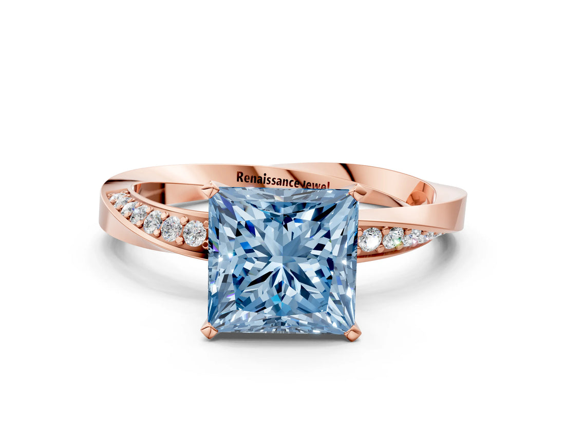 Rose gold Fancy Blue Princess Cut Diamond Engagement Ring with Side Stone Accents and Four-Prong Setting_12