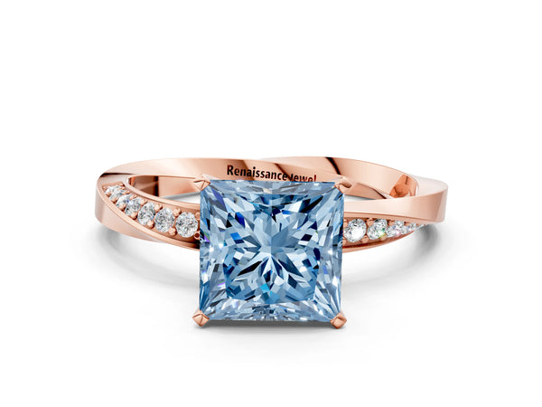 Rose gold Fancy Blue Princess Cut Diamond Engagement Ring with Side Stone Accents and Four-Prong Setting