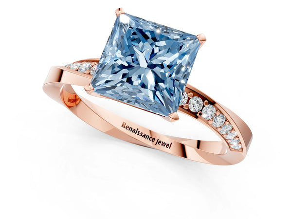 Rose gold Fancy Blue Princess Cut Diamond Engagement Ring with Side Stone Accents and Four-Prong Setting