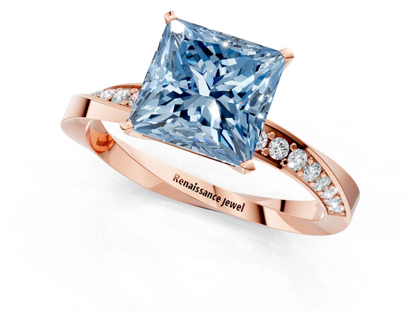 Rose gold Fancy Blue Princess Cut Diamond Engagement Ring with Side Stone Accents and Four-Prong Setting