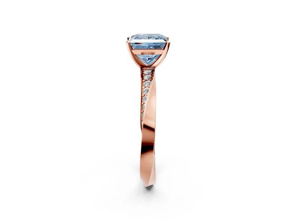 Rose gold Fancy Blue Princess Cut Diamond Engagement Ring with Side Stone Accents and Four-Prong Setting