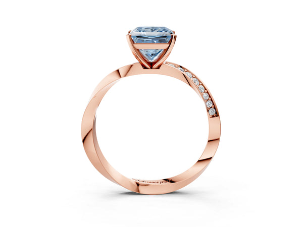 Rose gold Fancy Blue Princess Cut Diamond Engagement Ring with Side Stone Accents and Four-Prong Setting