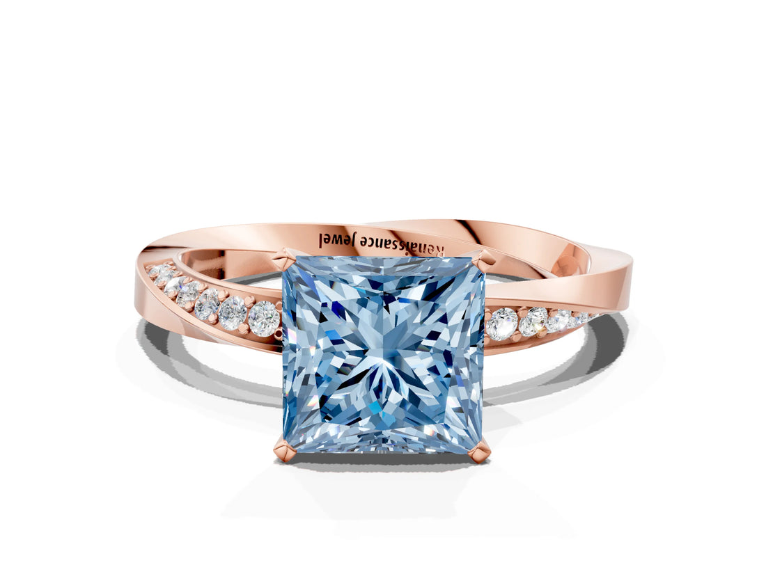 Rose gold Fancy Blue Princess Cut Diamond Engagement Ring with Side Stone Accents and Four-Prong Setting_96