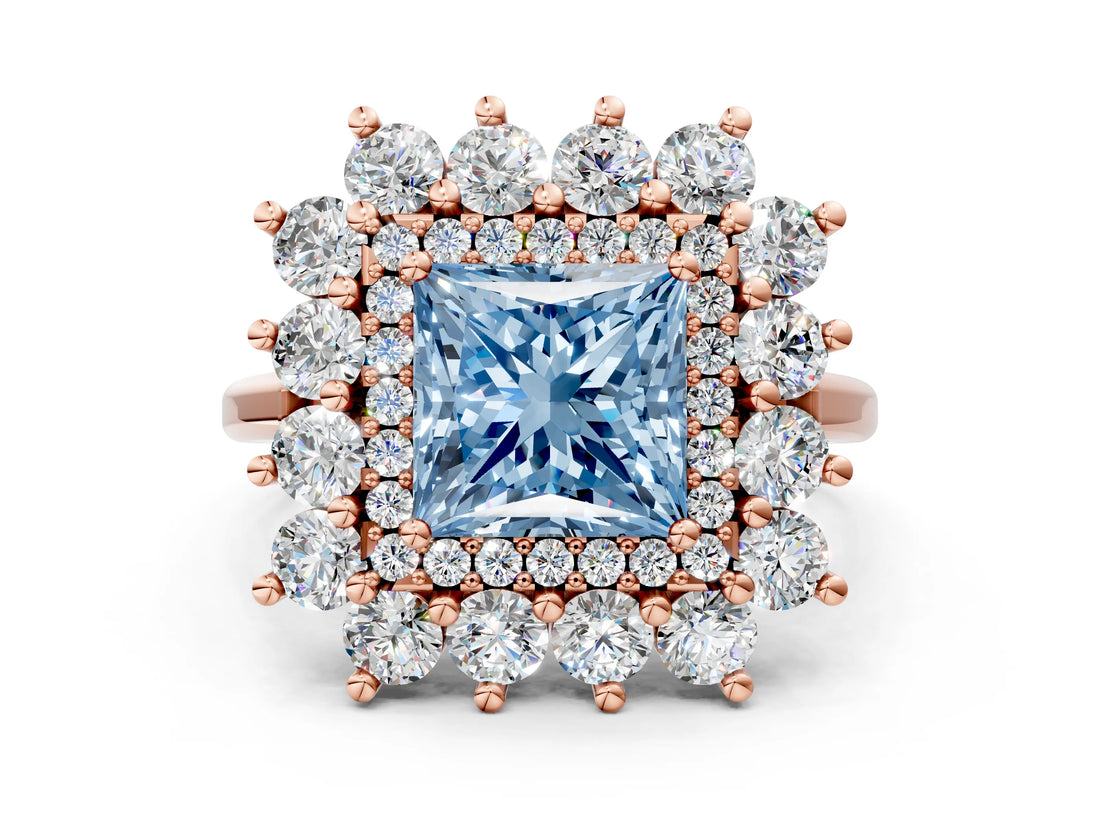 Rose gold Fancy Blue Princess Cut Diamond Floral Double Halo Engagement Ring with Prong Setting_24