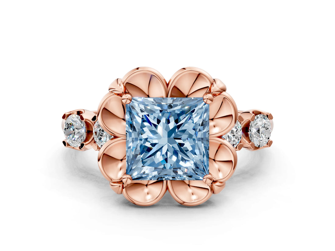 Rose gold Fancy Blue Princess  Cut Diamond Floral Halo Engagement Ring with Shared Prong Setting