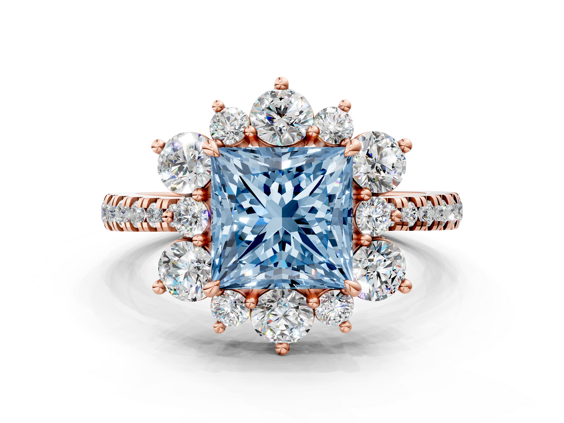 Rose gold Fancy Blue Princess  Cut Diamond Floral Halo Pave Band with Prong Setting_37