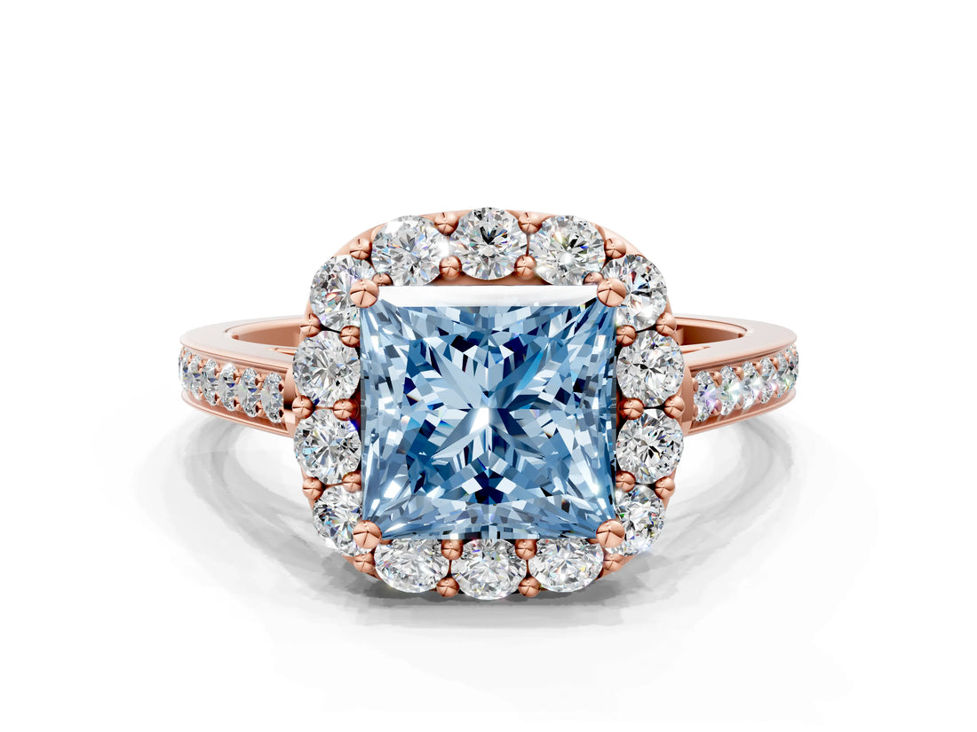 Rose gold Fancy Blue Princess Cut Diamond Floral Halo Ring with Pavé Band and Prong Setting_3