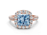 Rose gold Fancy Blue Princess Cut Diamond Floral Halo Ring with Pavé Band and Prong Setting_3