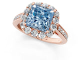 Rose gold Fancy Blue Princess Cut Diamond Floral Halo Ring with Pavé Band and Prong Setting_4