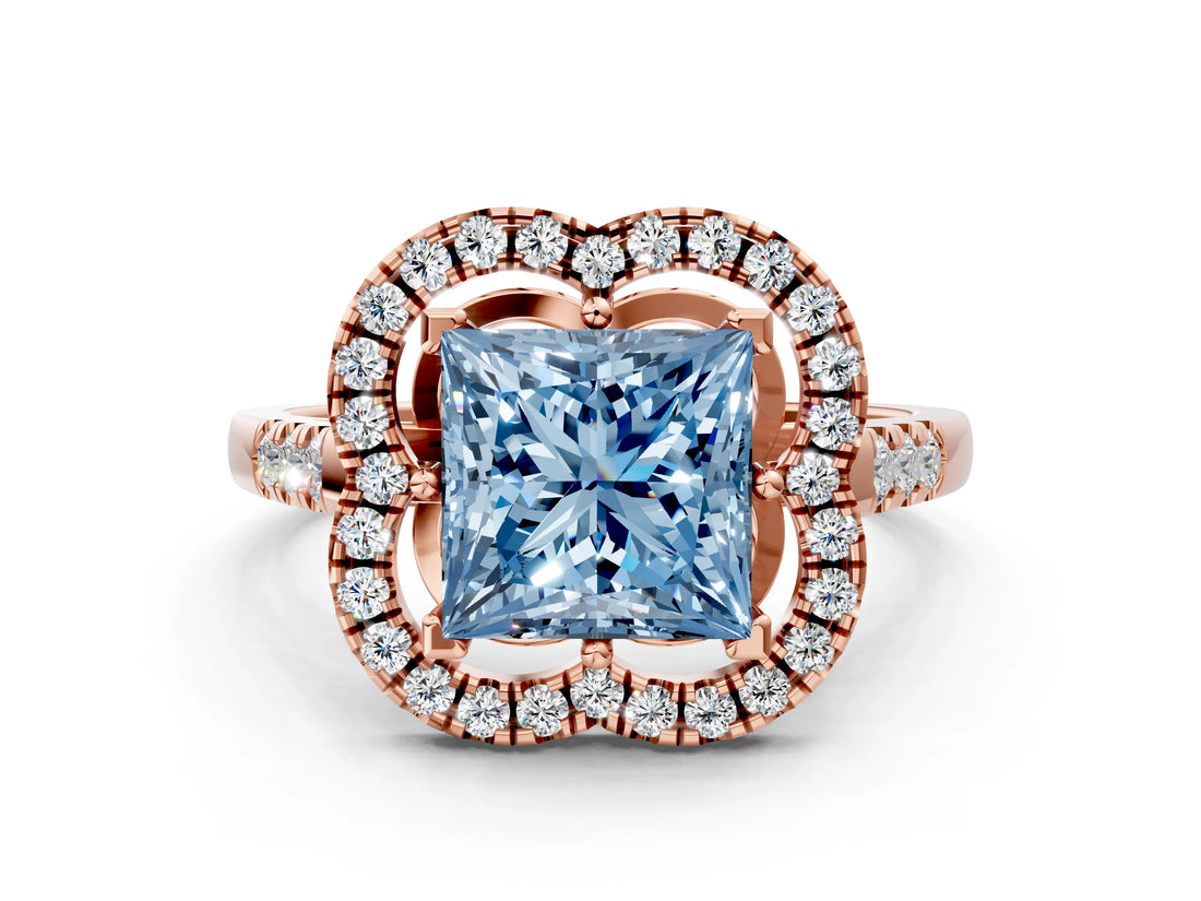 Rose gold Fancy Blue Princess Cut Diamond Floral Halo Split Shank Prong Setting Ring_12