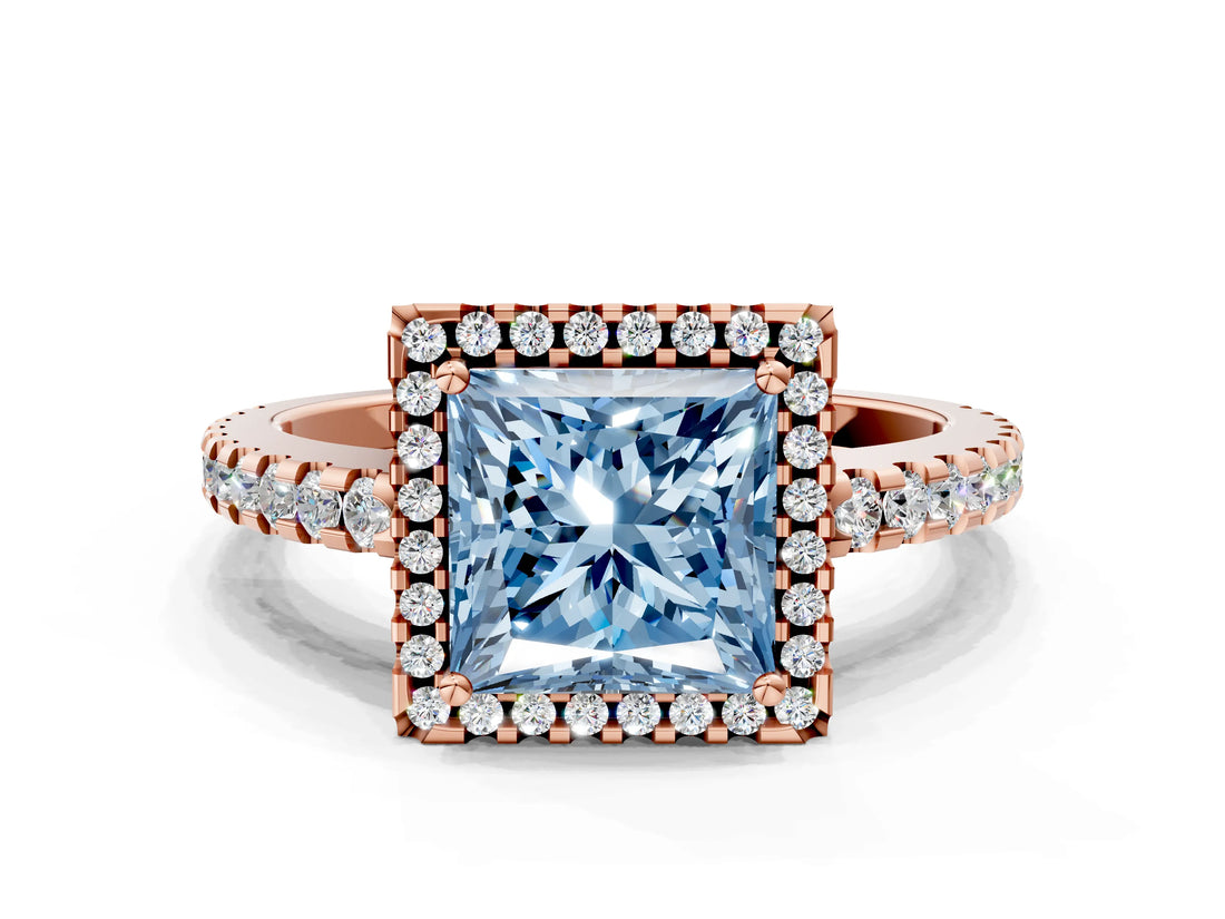 Rose gold Fancy Blue Princess Cut Diamond Halo Engagement Ring with Pavé Band and Prong Setting_27