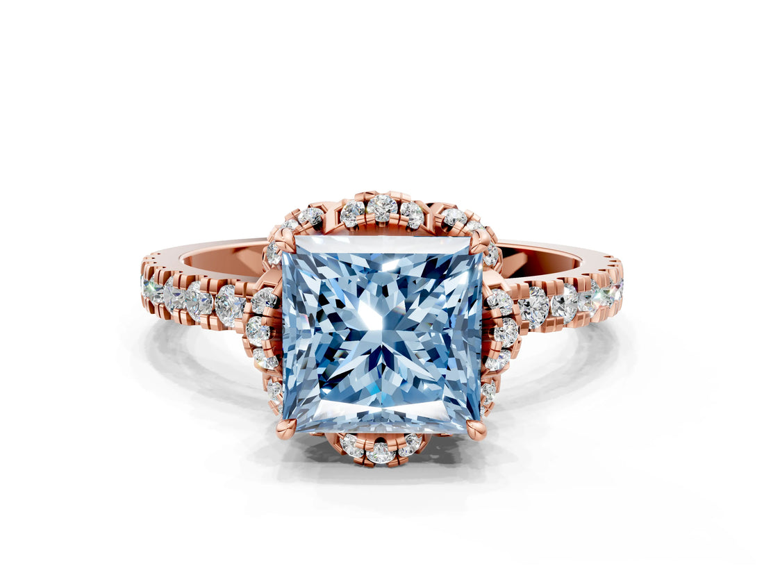 Rose gold Fancy Blue Princess Cut Diamond Halo Pave Band with Four-Prong Setting_3