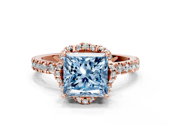 Rose gold Fancy Blue Princess Cut Diamond Halo Pave Band with Four-Prong Setting