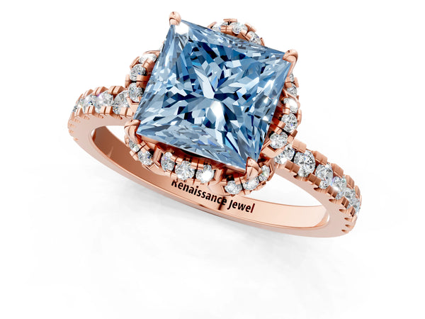 Rose gold Fancy Blue Princess Cut Diamond Halo Pave Band with Four-Prong Setting